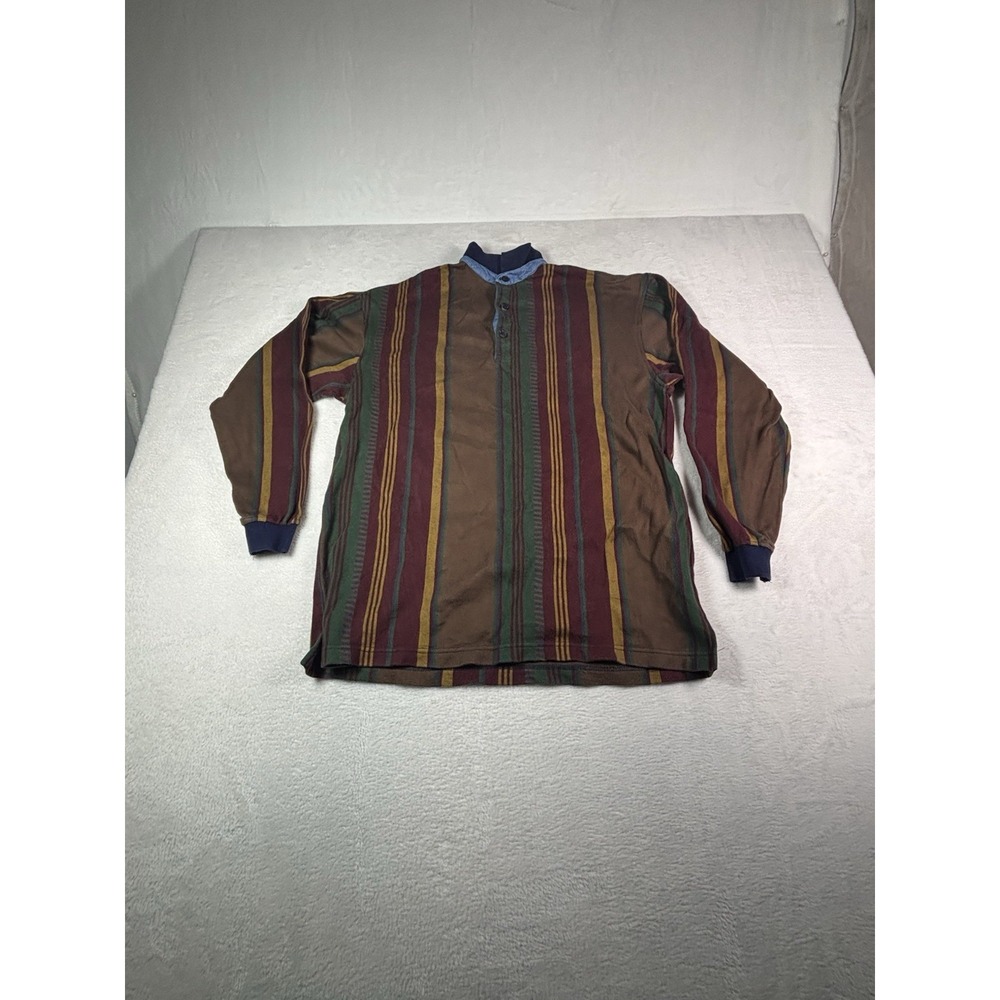 St. Johns Bay Vintage Mens Rugby Polo Shirt Long Sleeve Striped Brown Red M